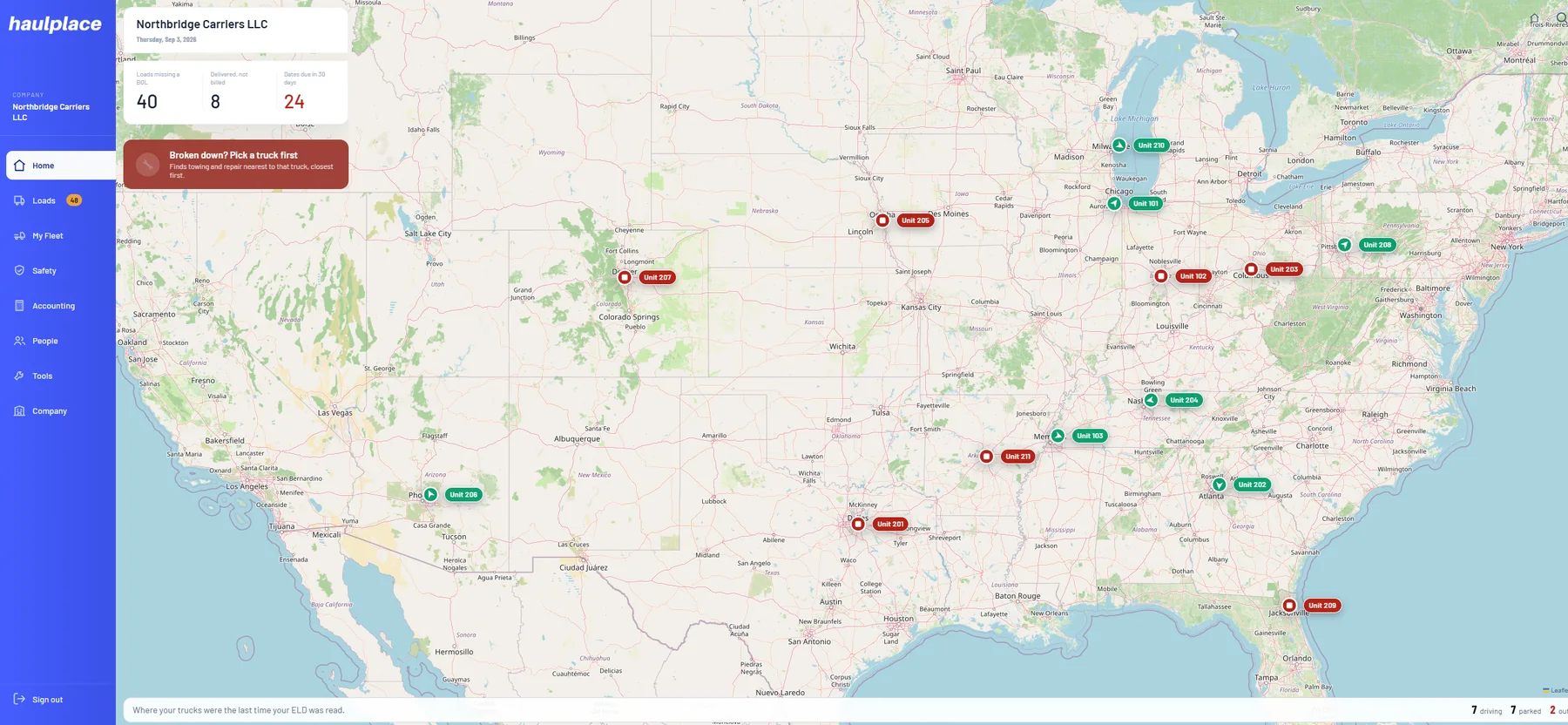 The haulplace fleet map: every truck's last known position across the country, with driving, parked and out-of-service counts