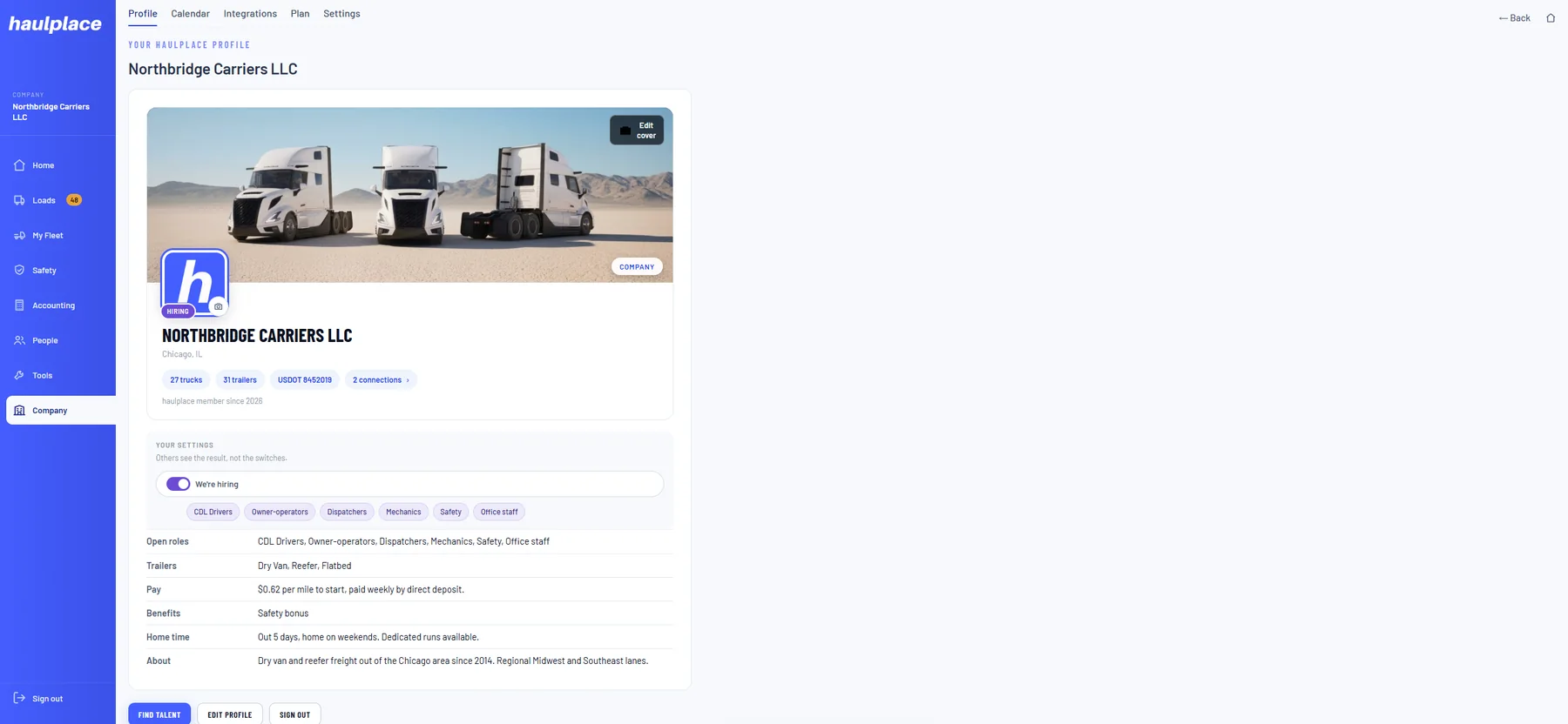 A carrier's haulplace profile: fleet size, USDOT number, open roles, pay and home time