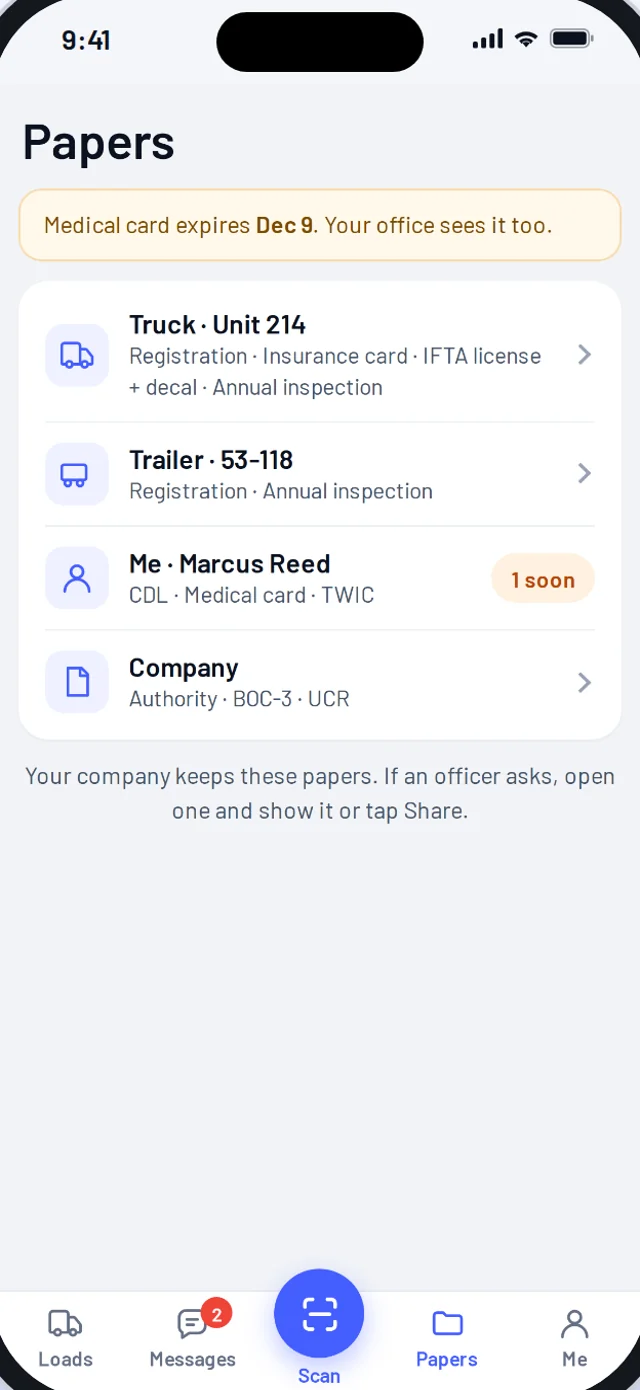 Driver app: papers ready for inspection
