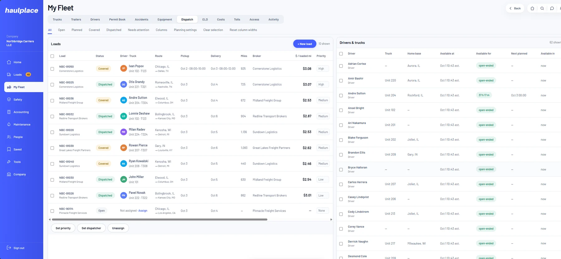 The haulplace dispatch board: every load with its driver, truck, route, pickup, delivery and rate per loaded mile