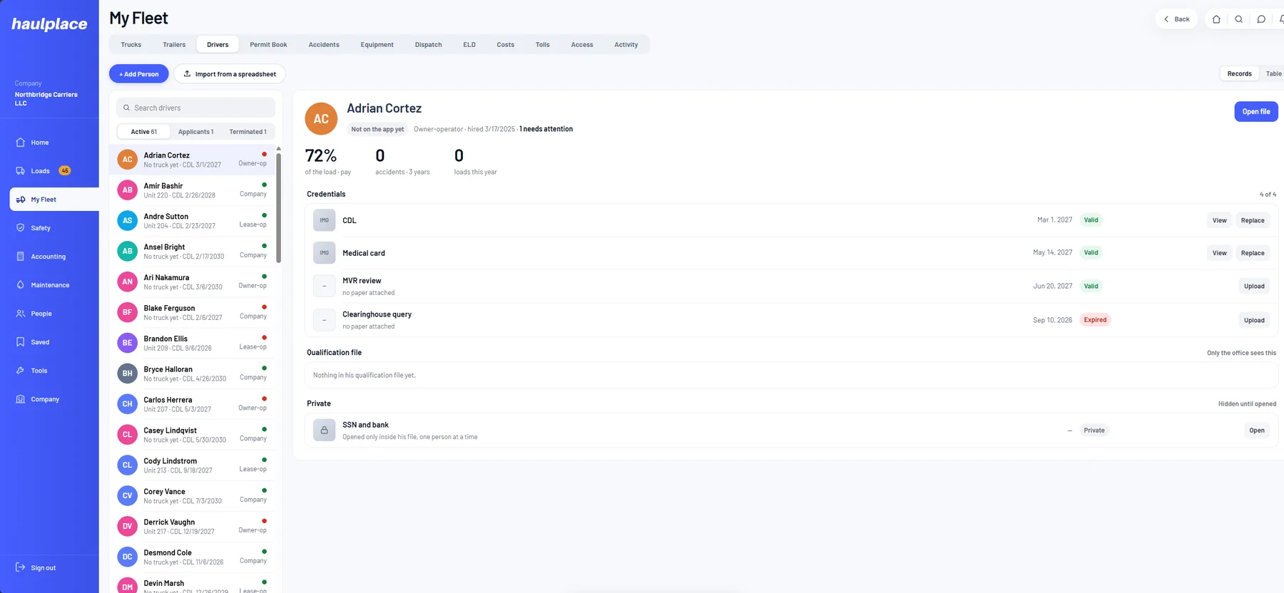 A driver file in haulplace: CDL, medical card, MVR review and Clearinghouse query with their expiry dates