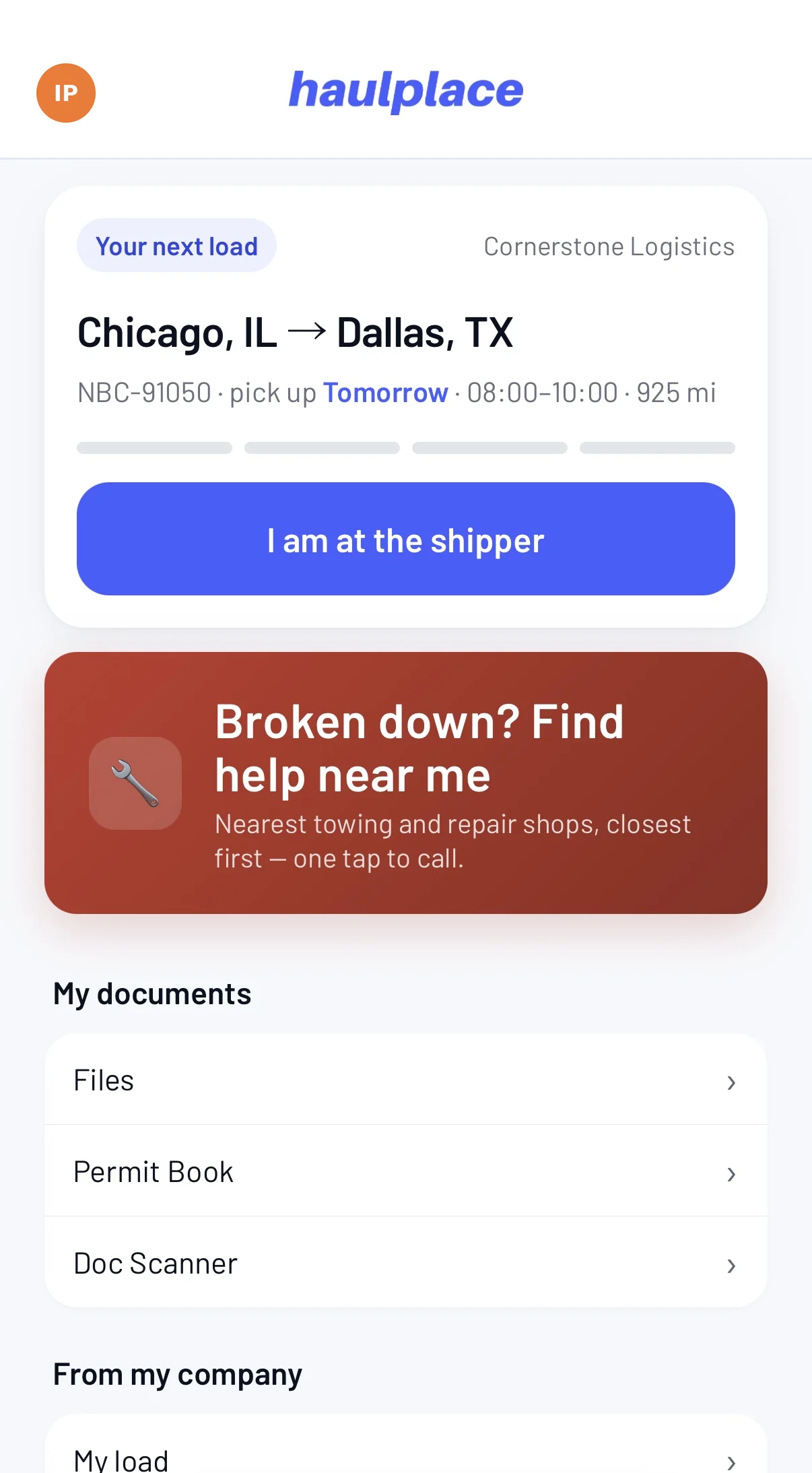 The driver's phone: his next load, Chicago to Dallas, with one button for each step