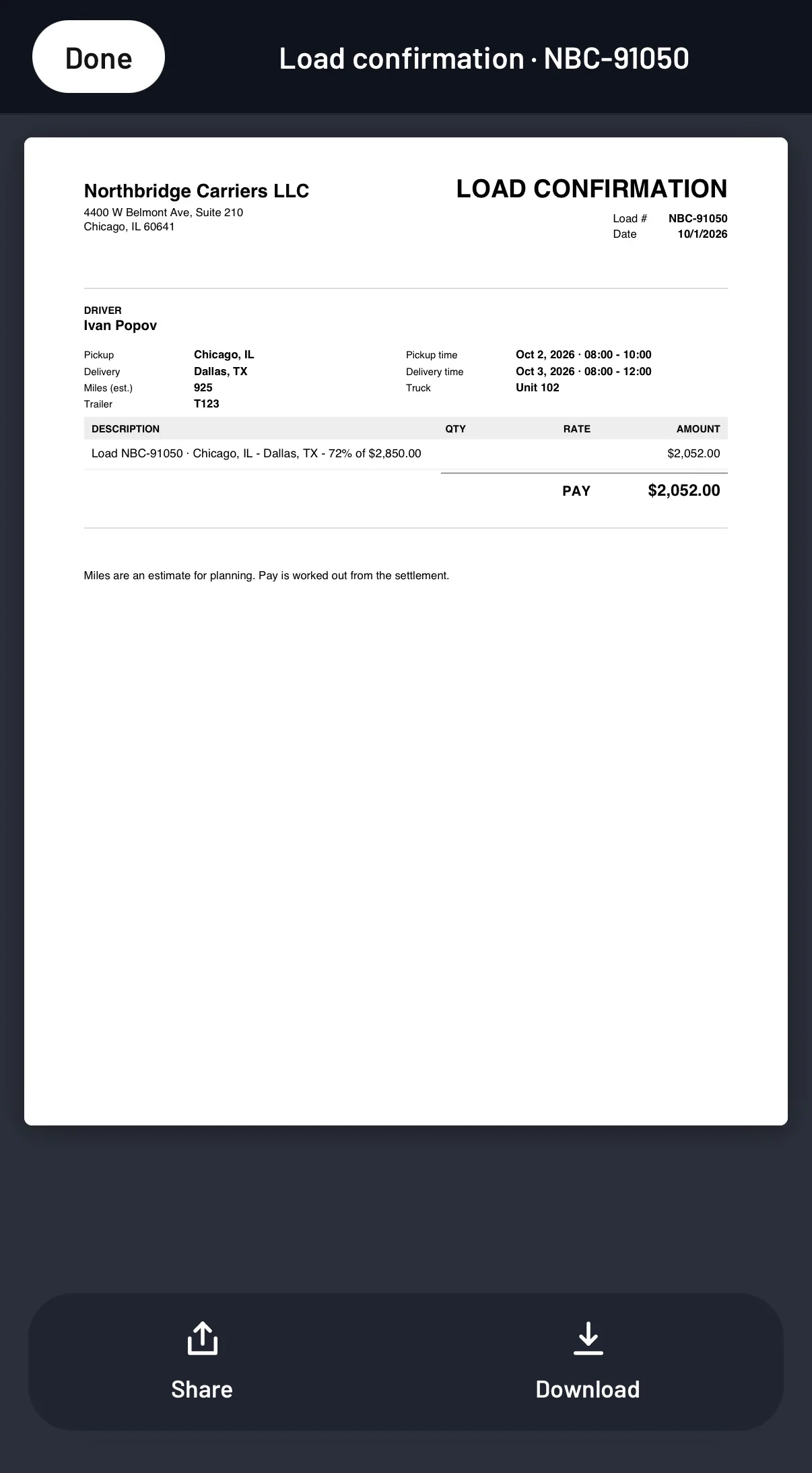 The load confirmation the office sent, open on the driver's phone