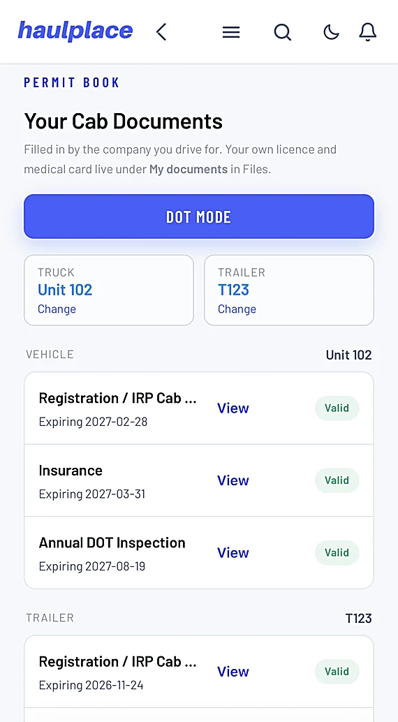 Permit Book on a phone: every cab document with its expiry date