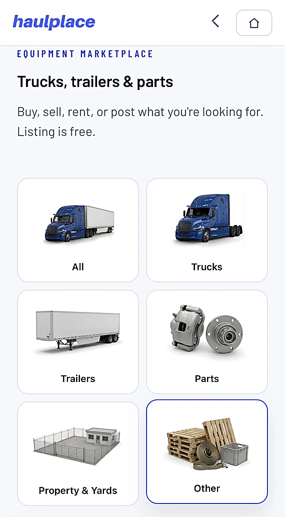 The equipment marketplace on a phone: trucks, trailers, parts and yards