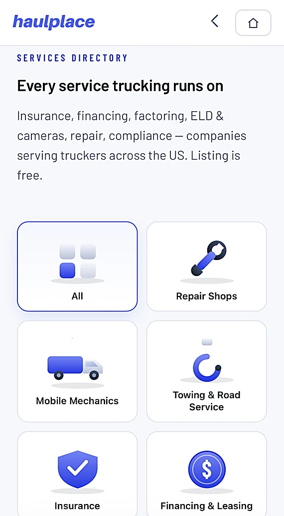 The services directory on a phone: repair, towing, insurance, financing