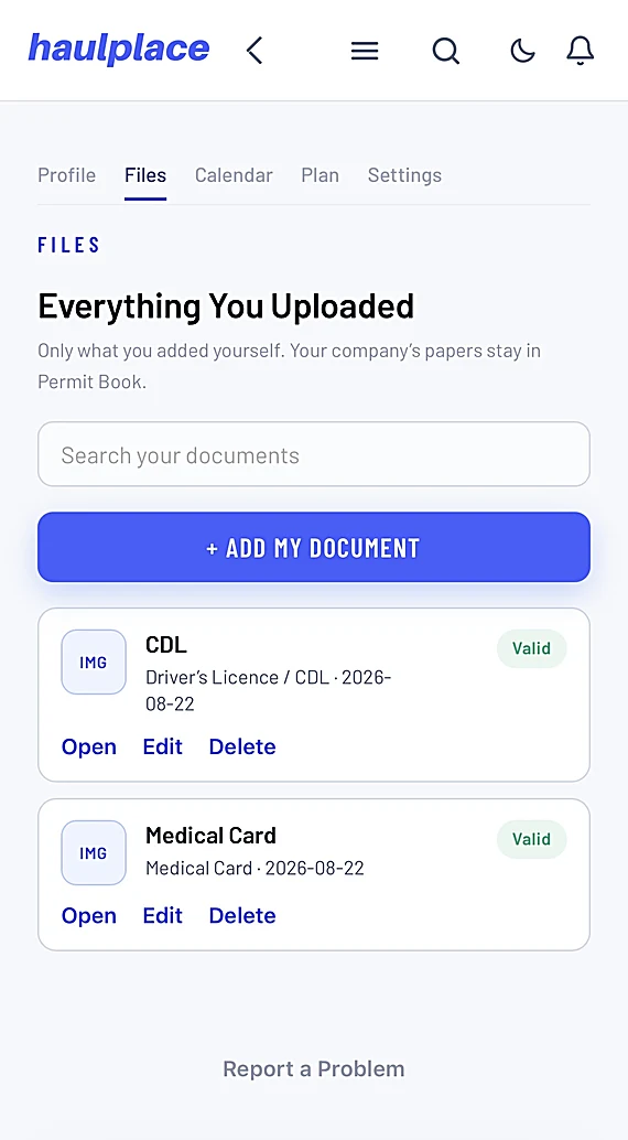 Files on a phone: everything the driver uploaded, with expiry dates