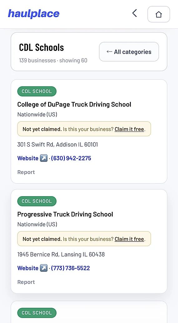 CDL schools on a phone, listed by state
