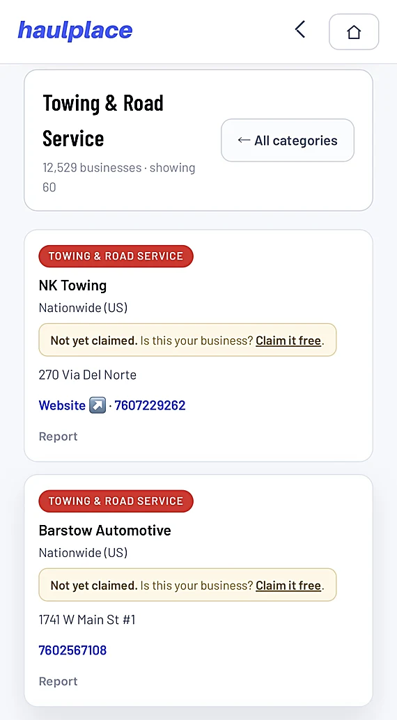 Towing and road service on a phone, closest first